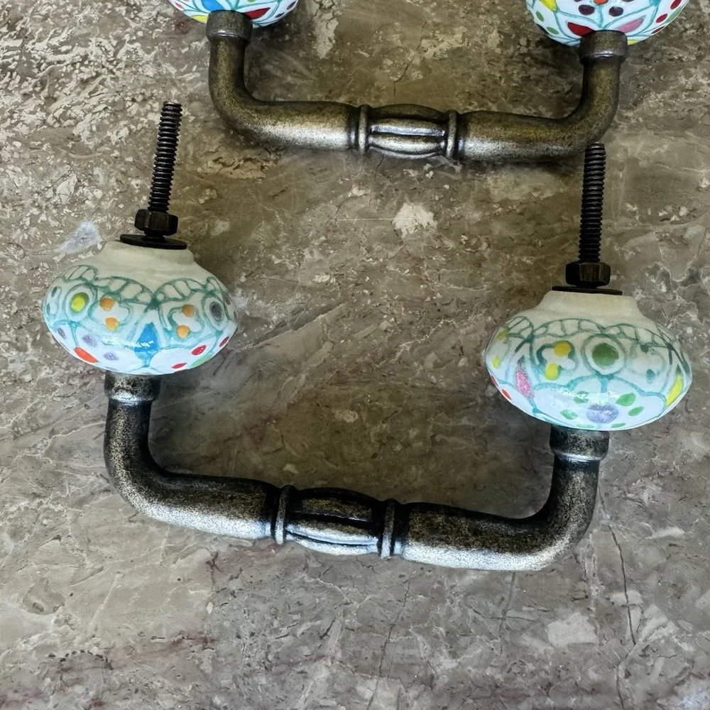 Lot 8 Hand Painted Ceramic & Brass Boho Colorful Cabinet / Drawer /Dresser Pulls